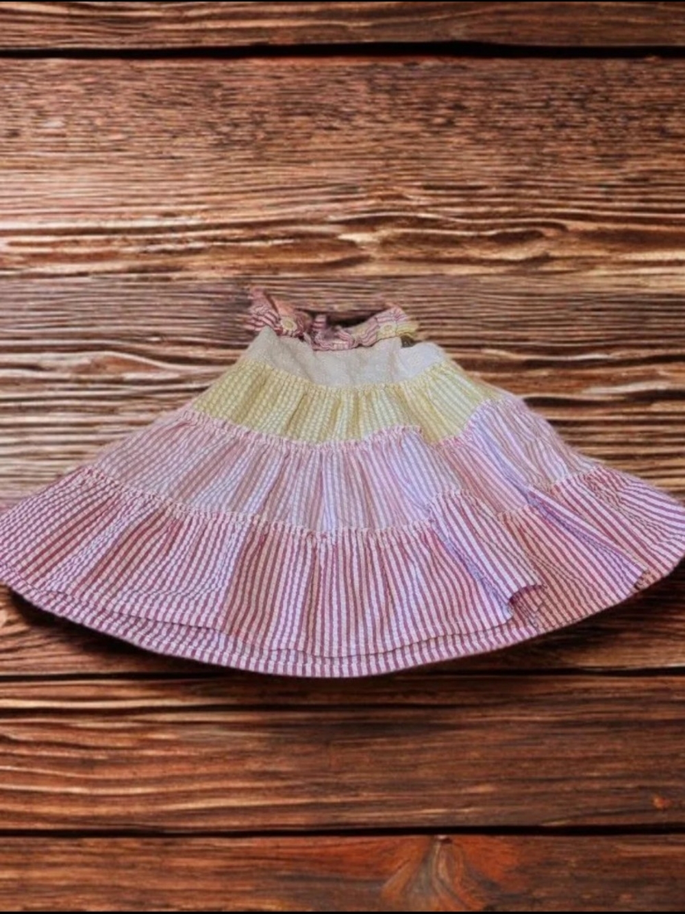 Blueberi Boulevard Pink, Yellow & White Tiered Seersucker Girls' Dress